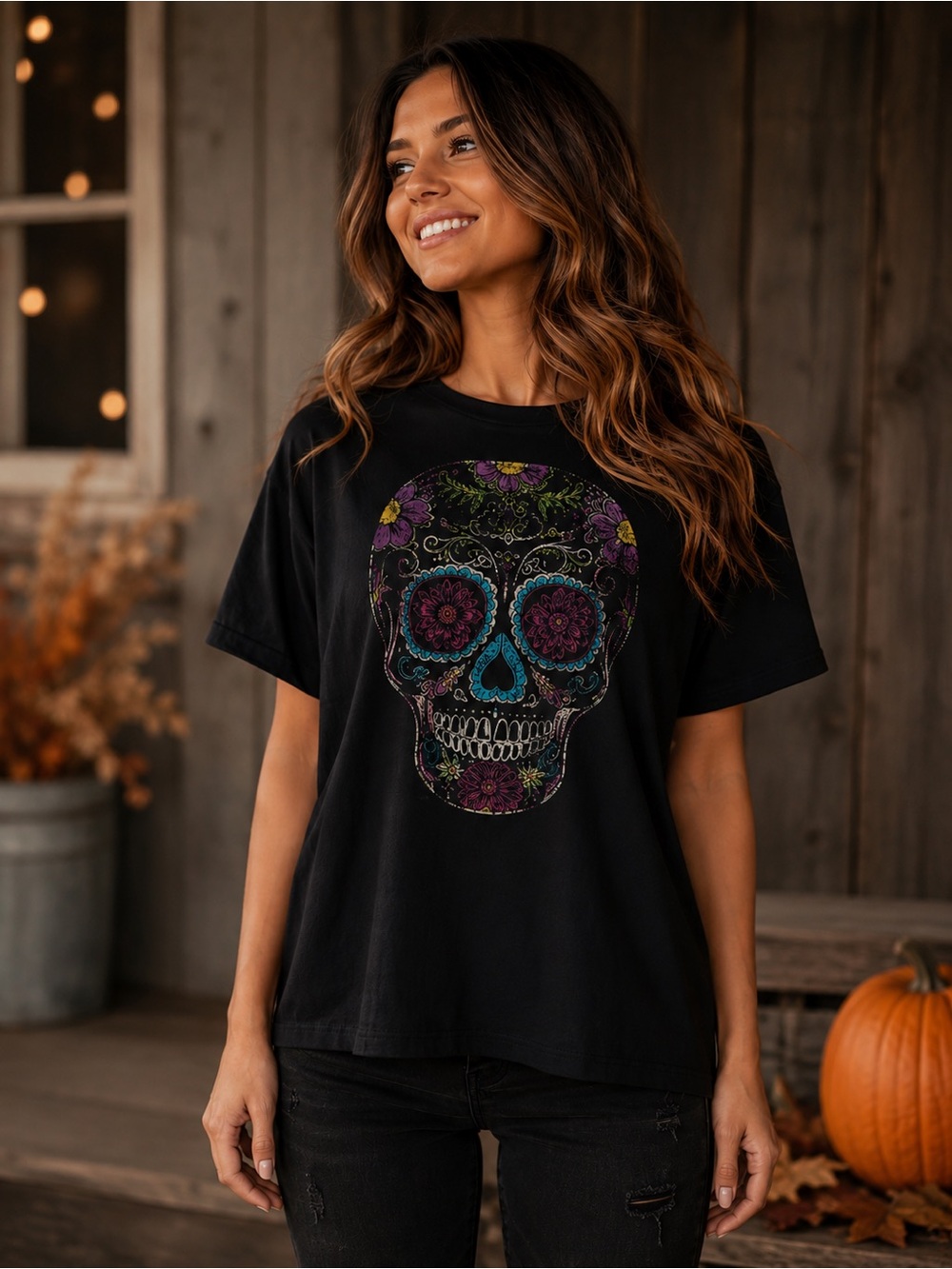 Way to Celebrate Halloween Sugar Skull Graphic T-Shirt XL 16–18 Black